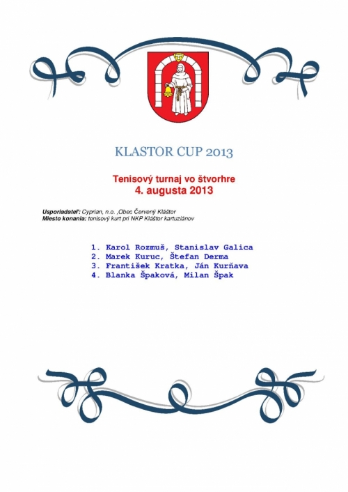 Výsledková listina KLASTOR CUP 2013